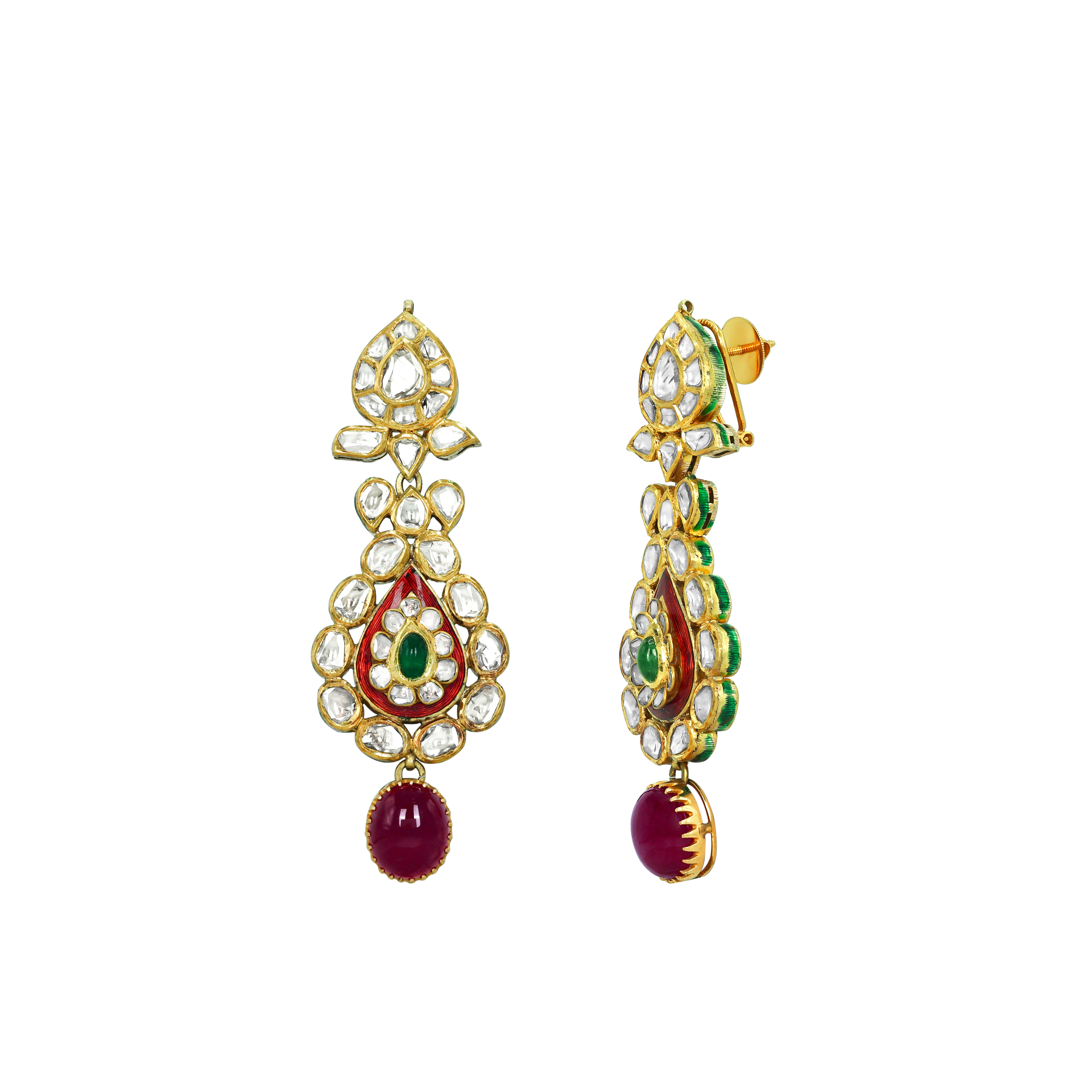 Polki Necklace Set with Emerald and Ruby Cabochons